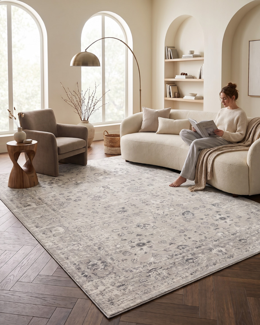 Dalyn Rugs Rhodes RR8 Silver Style Shot — Soft silver and gray patterned area rug styled in a warm neutral living room.