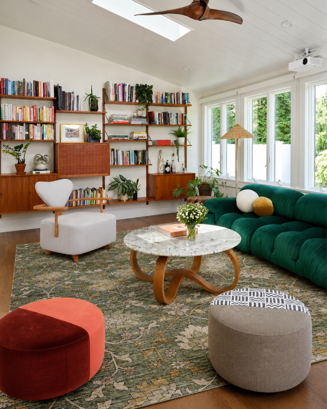 Dalyn Rugs Silk Road SR1 Basil Living Room — Basil green floral rug styled in a bright eclectic living room.