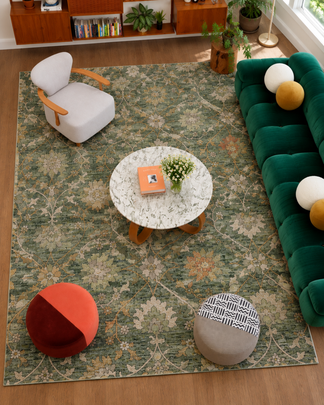 Dalyn Rugs Silk Road SR1 Basil Overhead Shot — Overhead view of a green floral rug beneath contemporary furniture.
