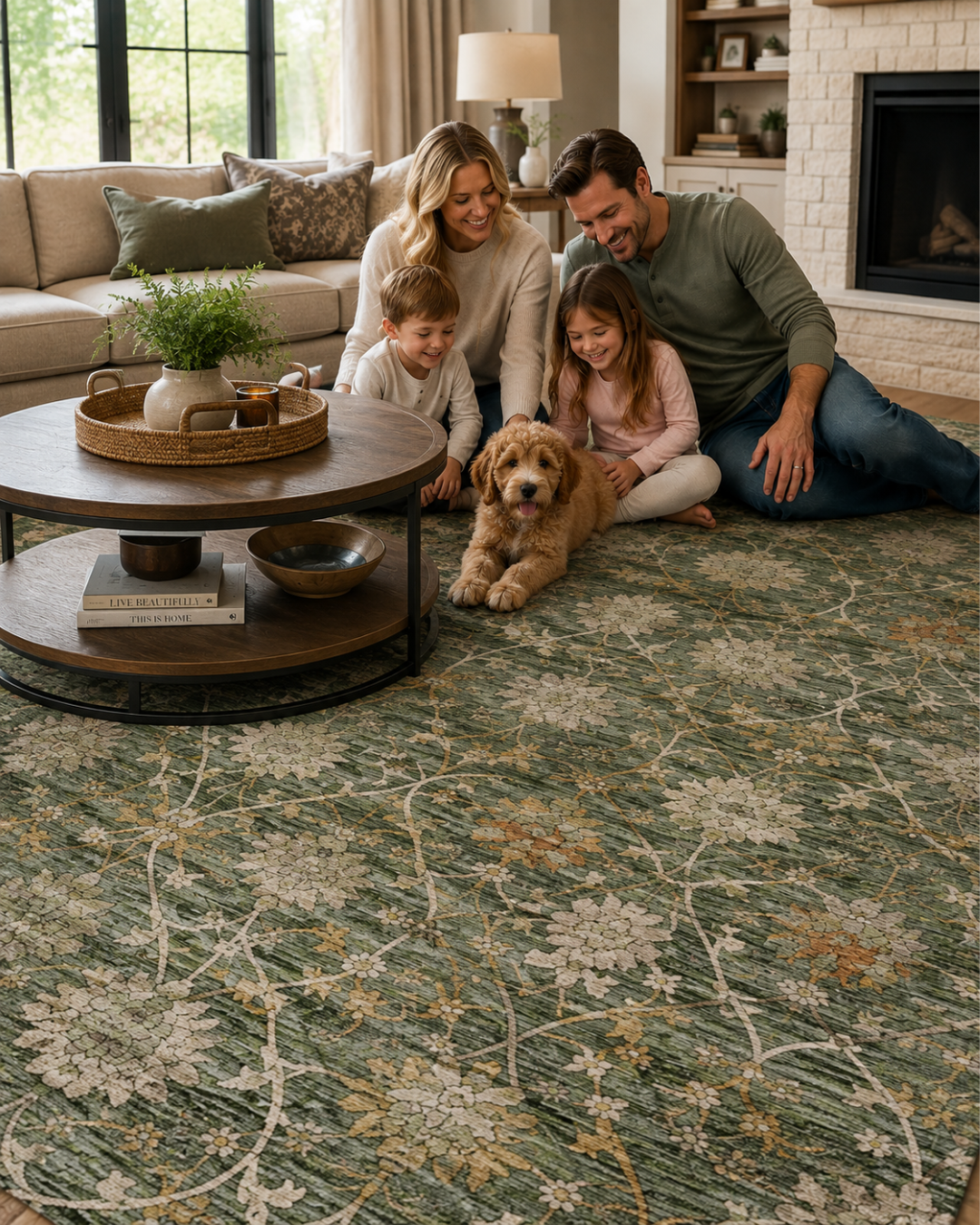 Dalyn Rugs Silk Road SR1 Basil Style Shot — Green floral area rug styled in a cozy family living room.
