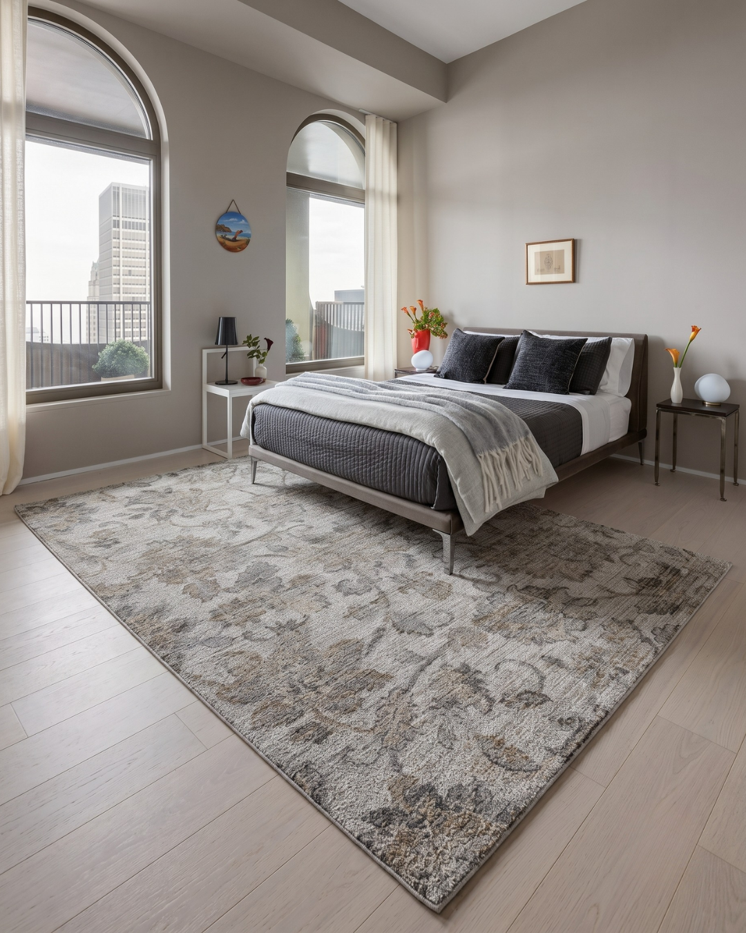 Dalyn Rugs Silk Road SR2 Linen Bedroom Shot — Linen patterned area rug beneath a modern bed.