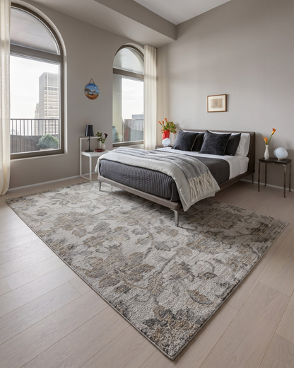 Dalyn Rugs Silk Road SR2 Linen Bedroom Shot — Linen patterned area rug beneath a modern bed.
