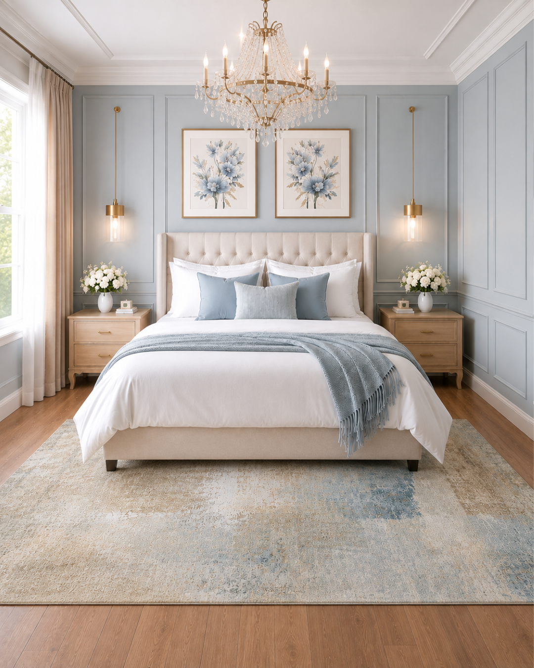 Dalyn Rugs Trevi TV5 Taupe Bedroom — Taupe and soft blue distressed area rug in an elegant modern bedroom.