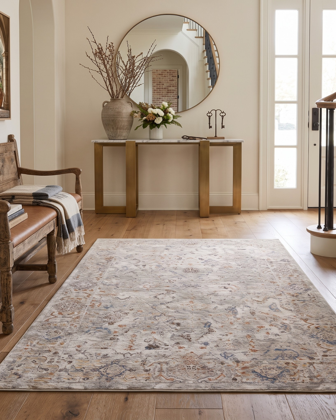 Dalyn Rugs Vienna VI3 Linen Style Shot — Linen traditional area rug styled in a bright entryway interior.
