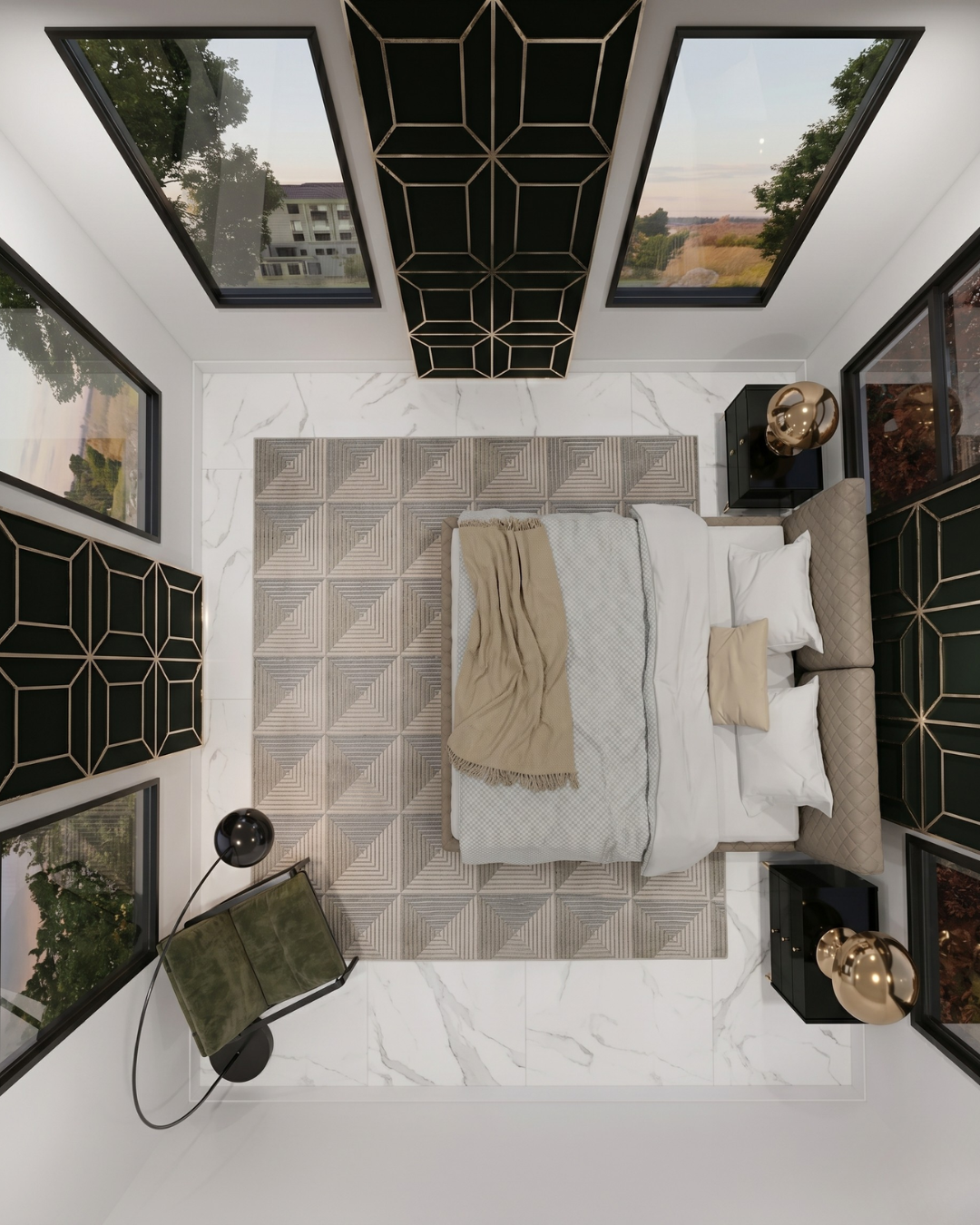 Feizy 3044F Gray Silver geometric rug in luxury bedroom
