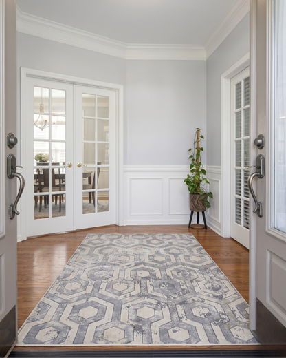 Feizy 3046F Ivory Silver hexagon rug in elegant foyer