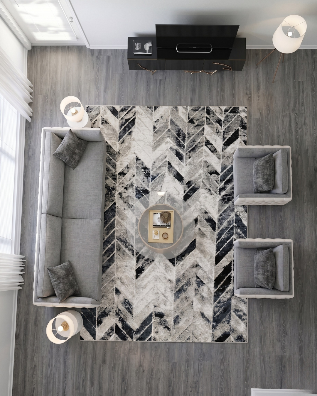 Feizy 3048F Gray Silver abstract chevron rug in living room