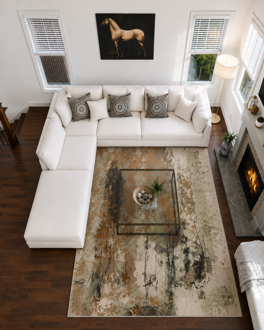 Feizy Clio 39K1F Brown Beige Rug Living Room Overhead