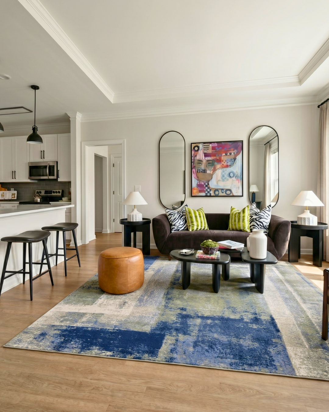 Feizy Clio 39K3F Blue Green Abstract Rug Styled in Modern Living Room