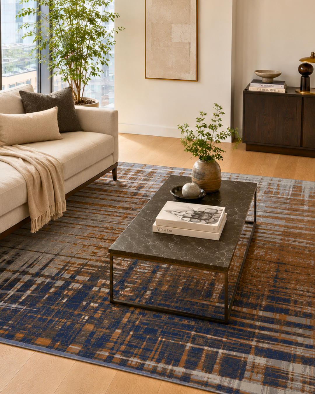 Feizy Clio 39K4F Navy Gray Abstract Rug Styled in Elegant Living Room