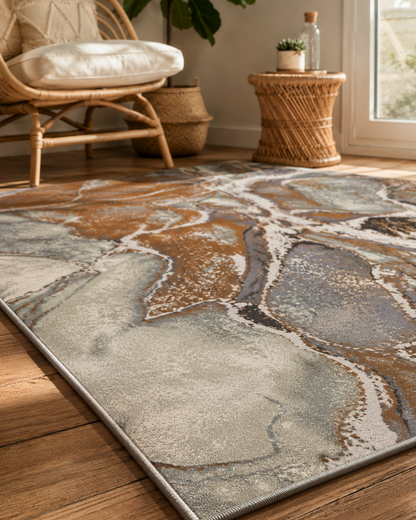 Feizy Clio 39K5F Tan Multi Contemporary Rug in Stylish Bedroom Setting