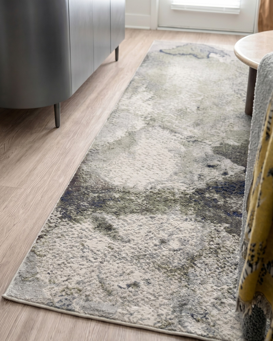 Feizy Clio 39LVF Green Ivory Abstract Runner Rug in Modern Hallway