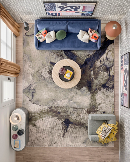 Feizy Clio 39LVF Green Ivory Area Rug Overhead View in Contemporary Living Room