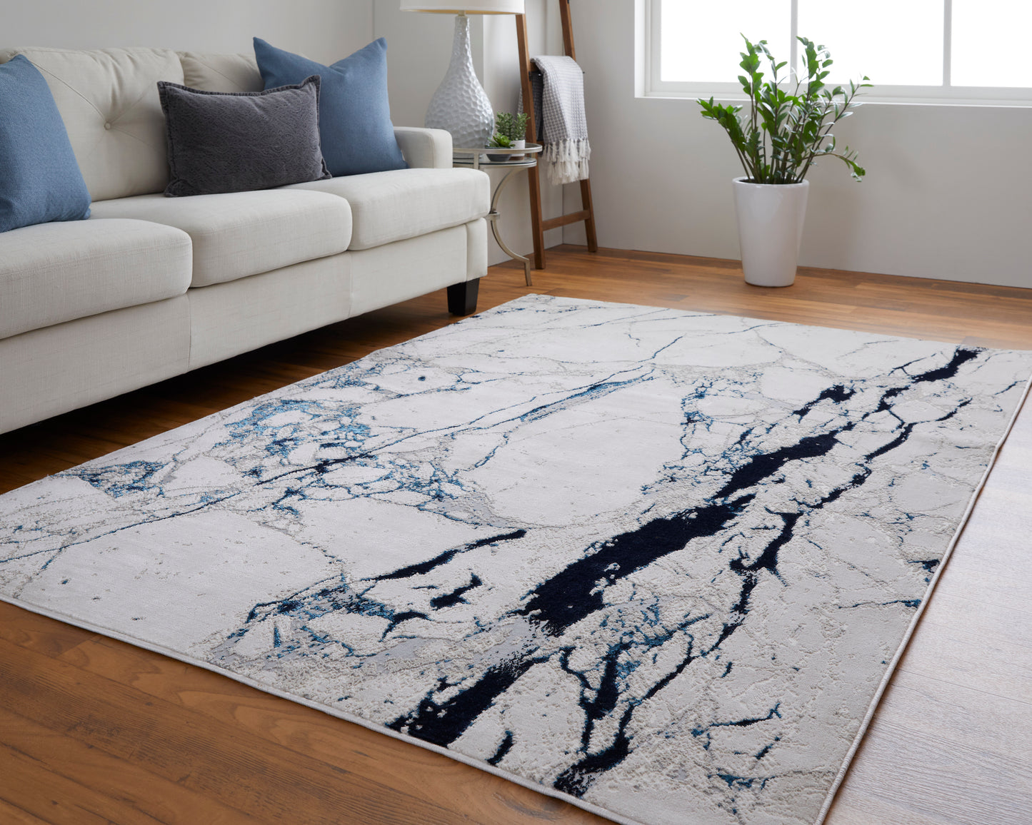 Feizy Indio 39GWF Ivory Blue Marble Machine Woven Rug