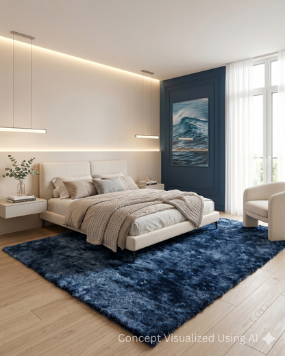 Feizy Indochine 4550F Blue shag rug in modern bedroom
