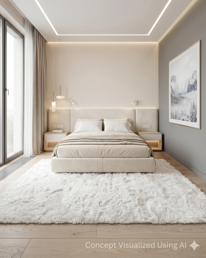 Feizy Indochine 4550F White plush rug in minimalist bedroom