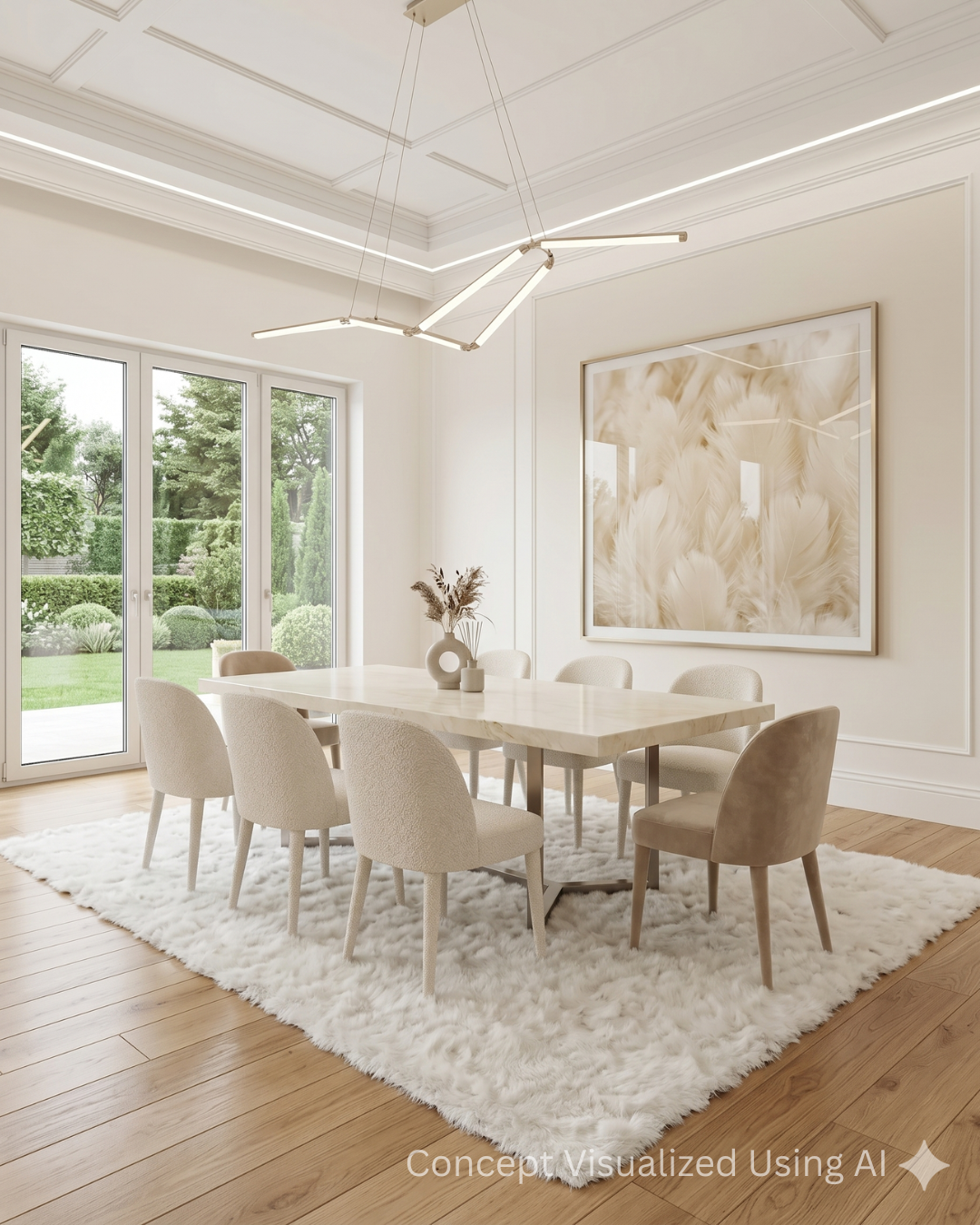Feizy Indochine 4550F White shag area rug in elegant dining room