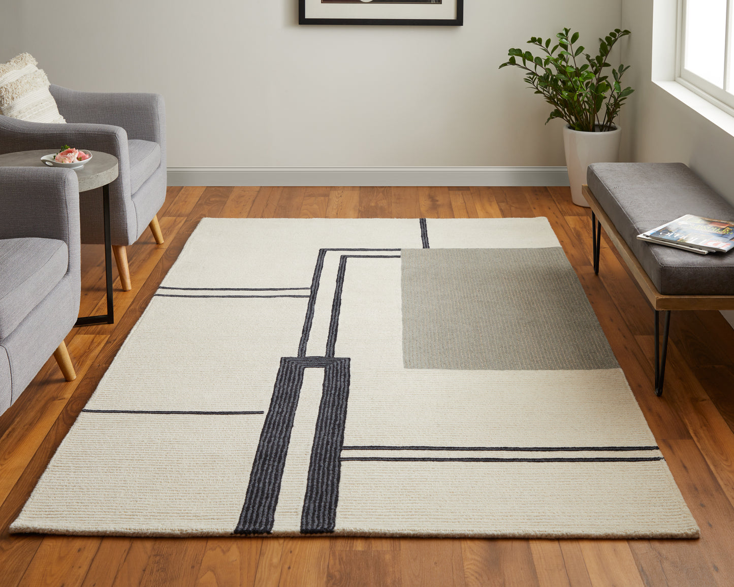 Feizy Maguire 8899F Ivory Gray Transitional/Industrial/Mid-Ce Hand Tufted Rug