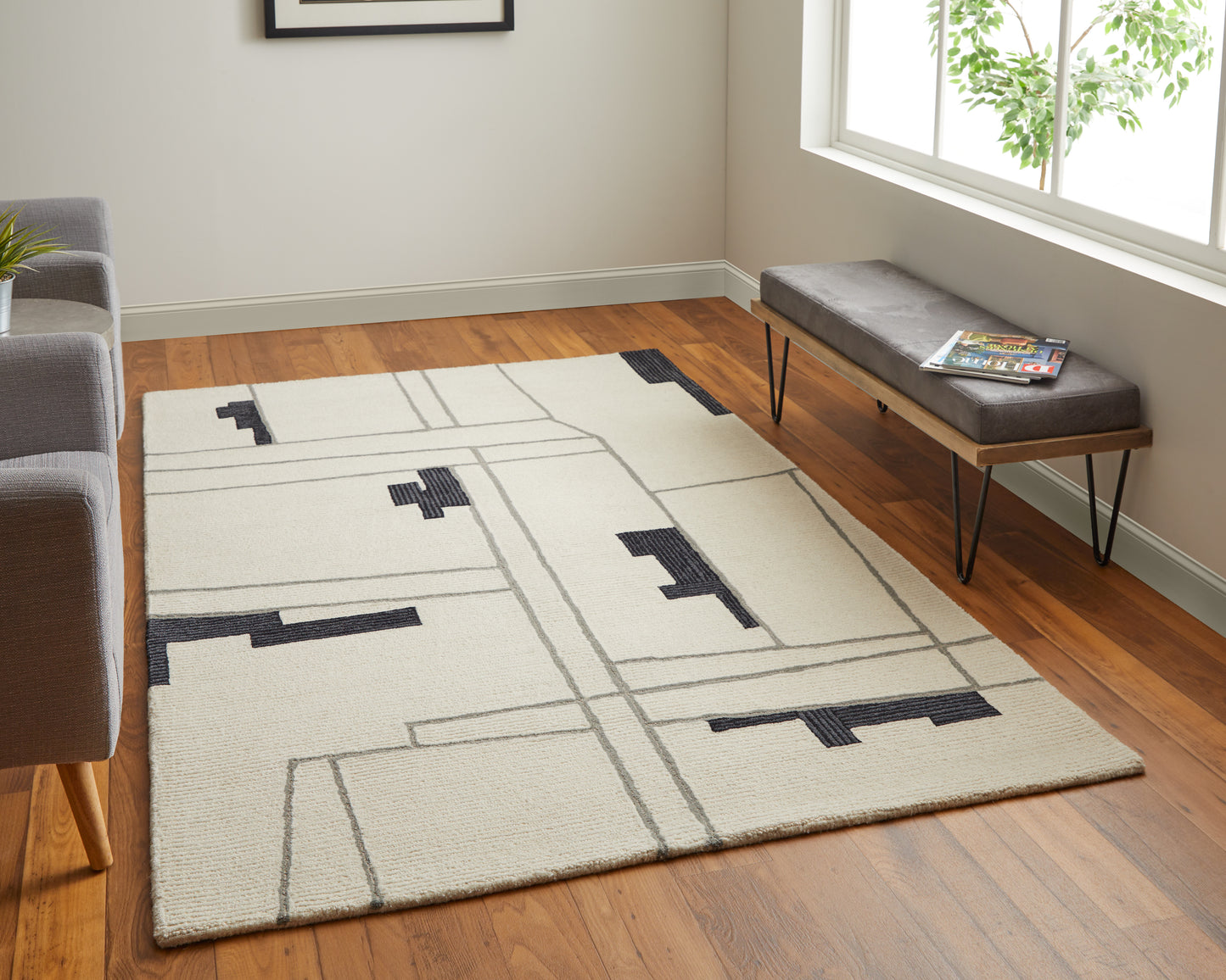 Feizy Maguire 8902F Ivory Black Transitional/Industrial/Mid-Ce Hand Tufted Rug