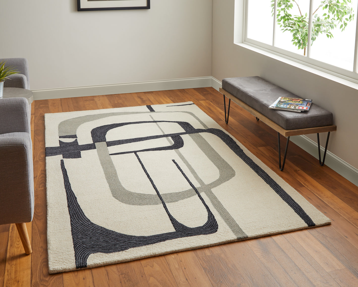 Feizy Maguire 8905F Ivory Black Transitional/Industrial/Mid-Ce Hand Tufted Rug