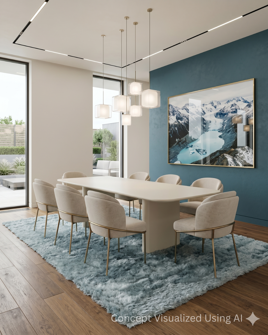 Feizy Indochine 4550F Light Aqua shag rug in modern dining room