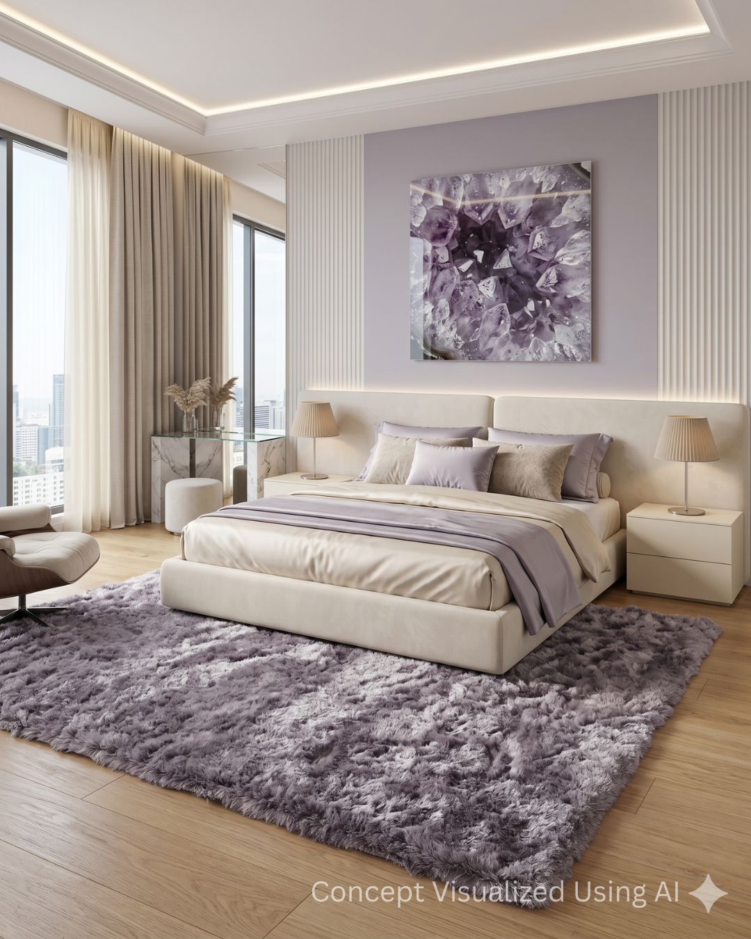 Feizy Indochine 4550F Smoky Amethyst shag rug in serene bedroom