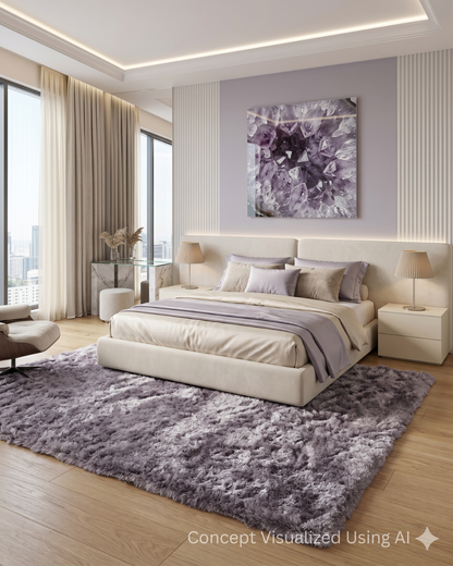 Feizy Indochine 4550F Smoky Amethyst shag rug in serene bedroom