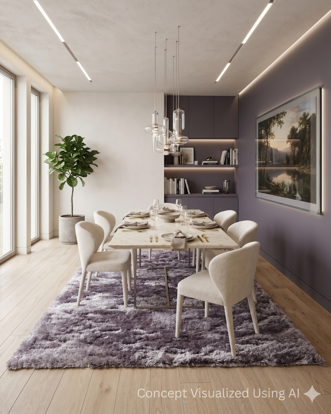 Feizy Indochine 4550F Smoky Amethyst plush rug in modern dining room