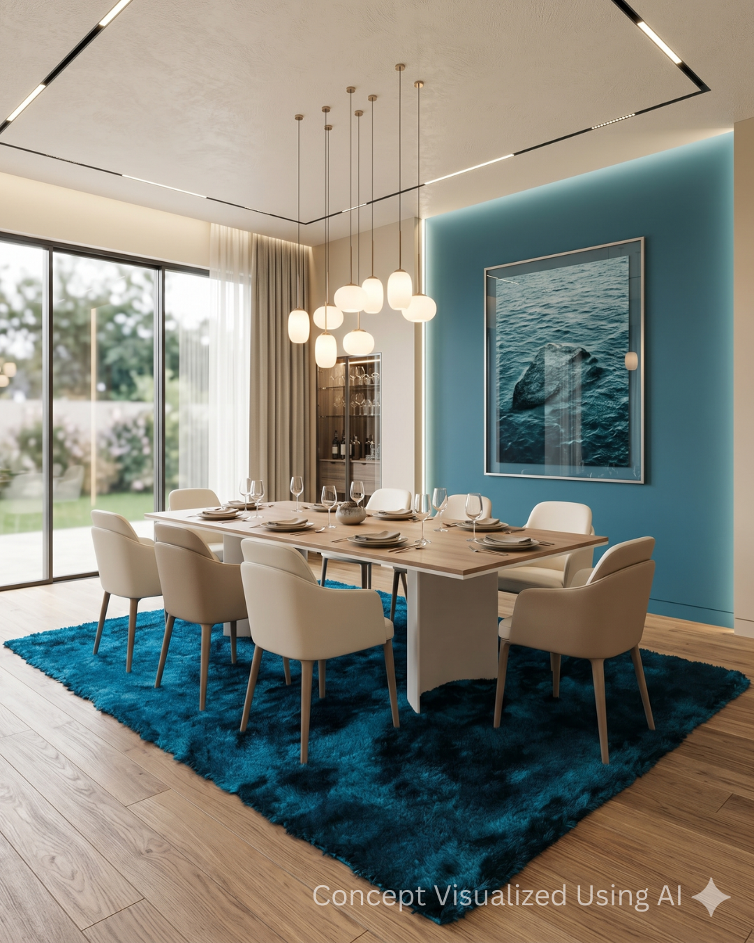Feizy Indochine 4550F Teal plush area rug in contemporary dining room
