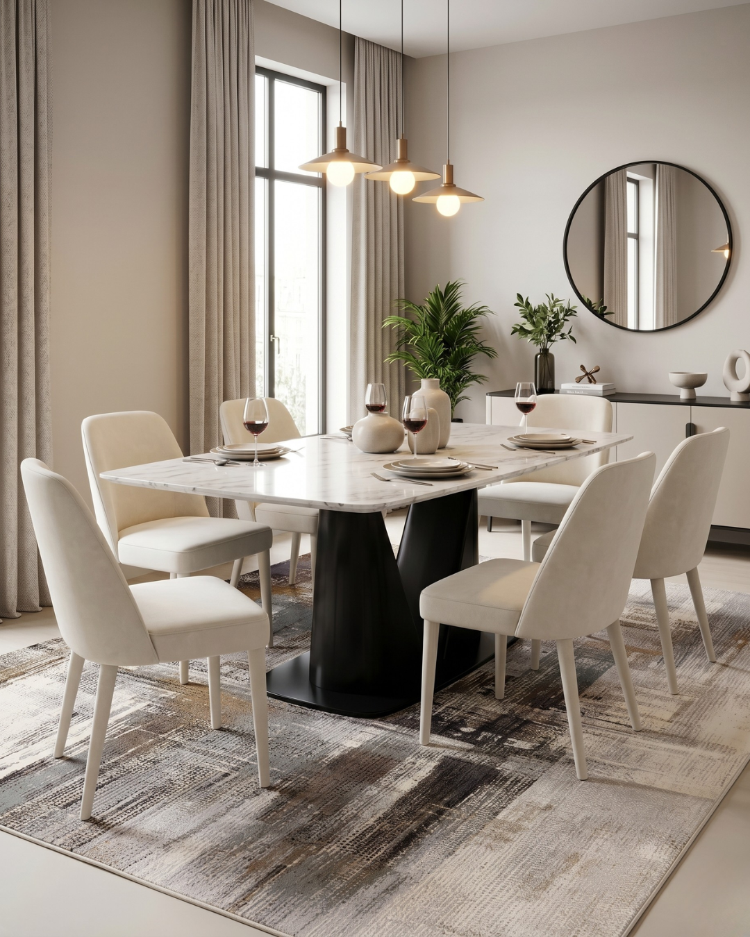 Feizy Clio 39LWF Ivory Multi – Blue and ivory abstract area rug beneath a contemporary dining table.