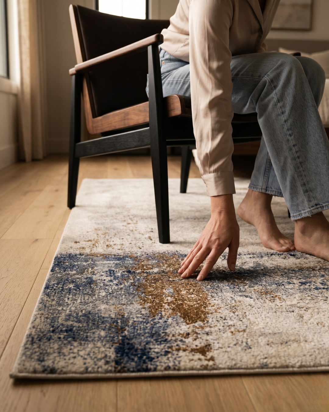 Feizy Clio 39LXF Ivory Blue – Detailed close-up of textured abstract rug with layered blue and ivory tones.