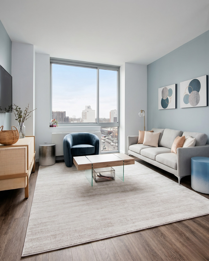 Feizy Deja 39PJF Beige textured area rug in sleek apartment living room