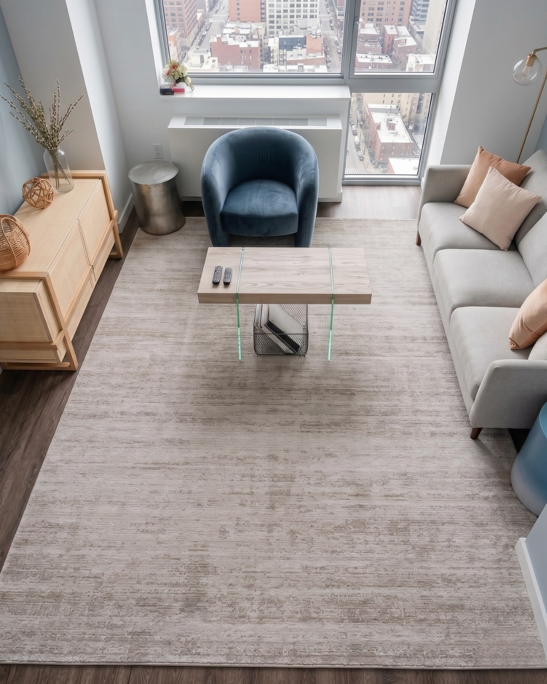 Feizy Deja 39PJF Beige modern abstract rug in bright contemporary living room