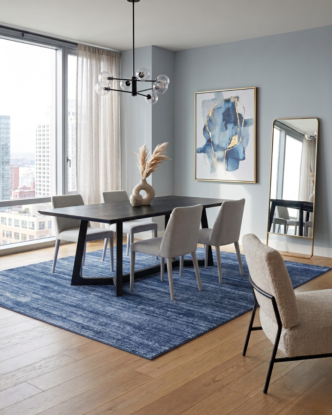 Feizy Deja 39PJF Blue contemporary blue area rug under black dining table