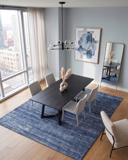 Feizy Deja 39PJF Blue distressed blue rug in modern dining room