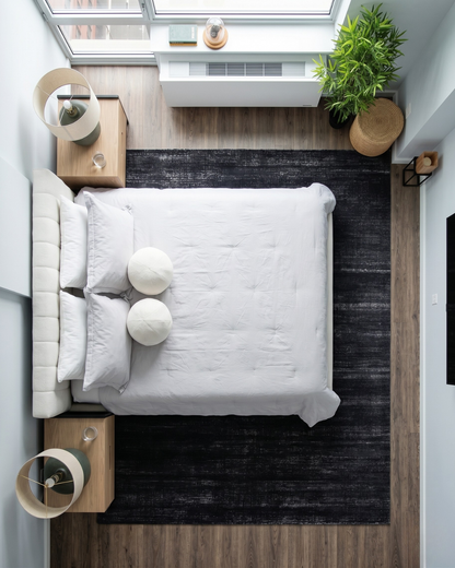 Feizy Deja 39PJF Charcoal modern charcoal rug in overhead bedroom view