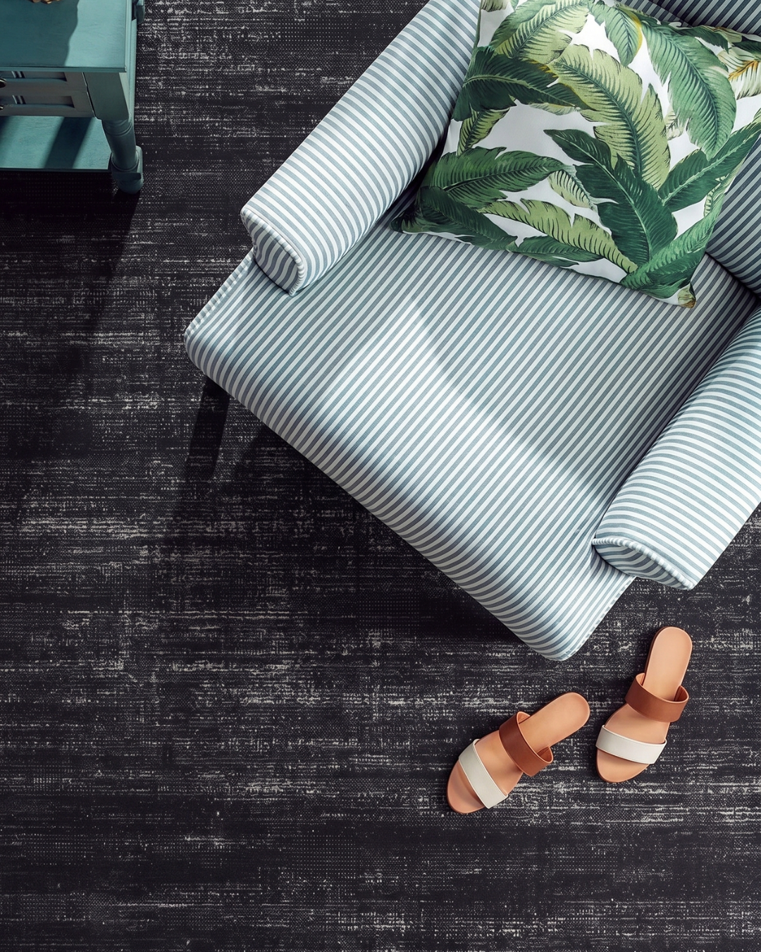 Feizy Deja 39PJF Charcoal distressed dark rug with striped accent chair