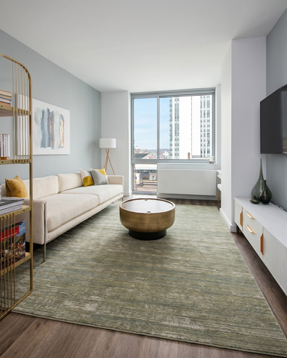 Feizy Deja Rug 39PJF green textured abstract rug in bright contemporary living room