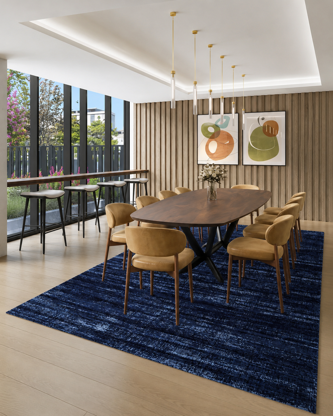 Feizy Deja Rug 39PJF navy distressed abstract rug in contemporary dining room