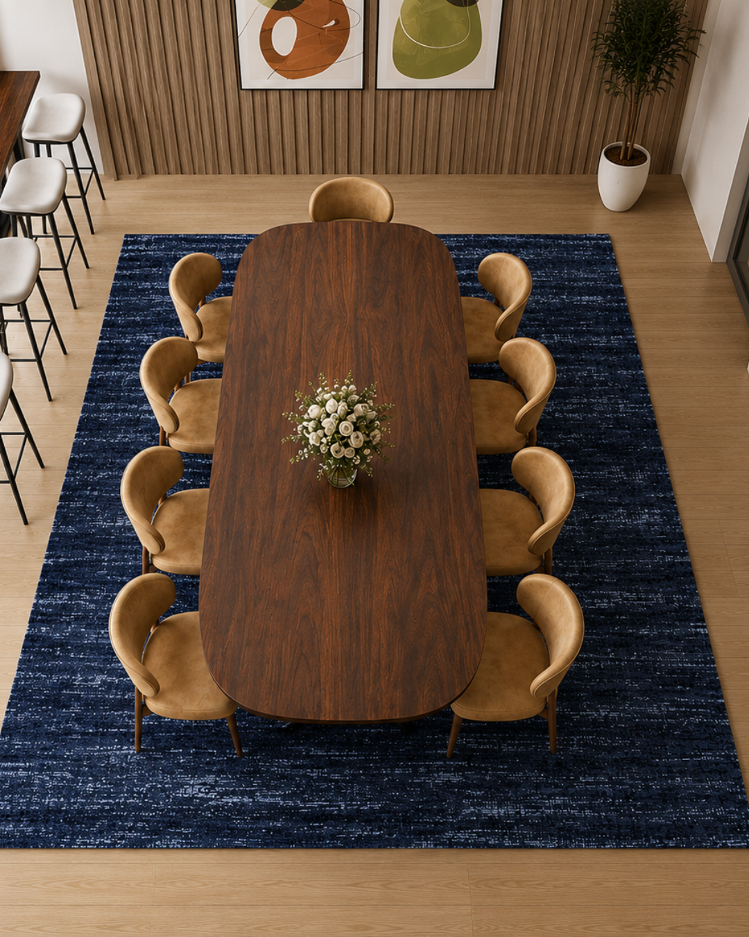 Feizy Deja Rug 39PJF navy abstract rug under modern dining table overhead shot