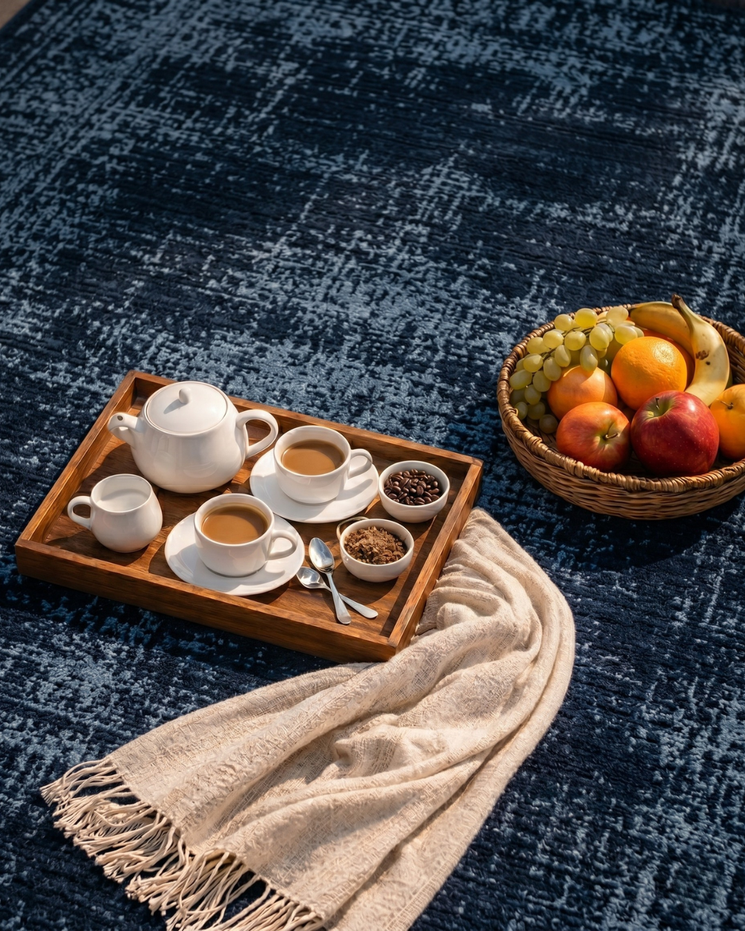 Feizy Deja Rug 39PJF navy abstract design close-up with styled decor accents