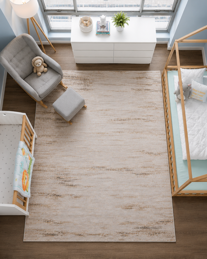 Feizy Deja Rug 39PKF dark taupe abstract rug in nursery overhead room view