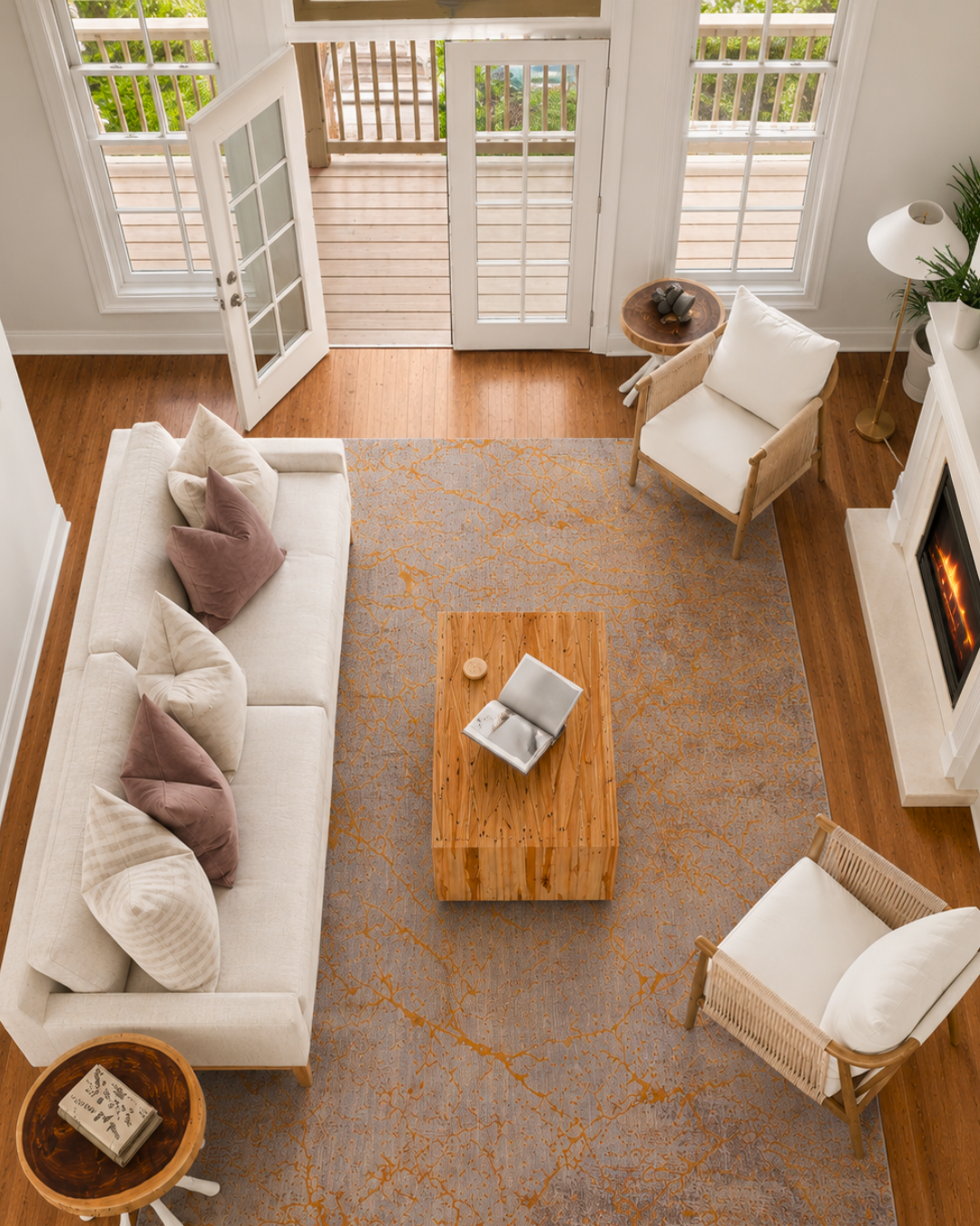 Feizy Pryor Rug 39NEF Copper Multi abstract rug overhead living room view