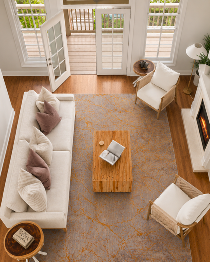 Feizy Pryor Rug 39NEF Copper Multi abstract rug overhead living room view
