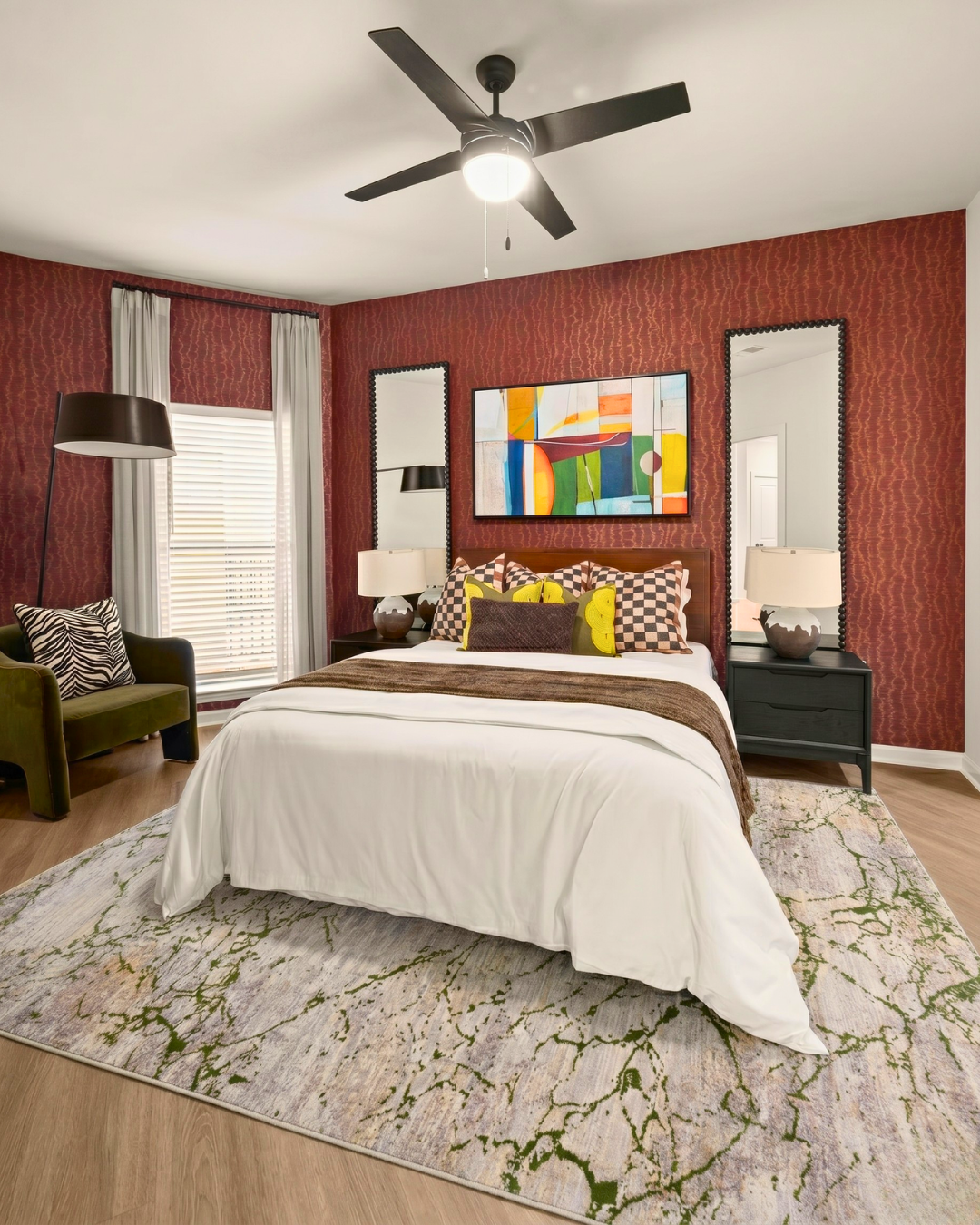 Feizy Pryor Rug 39NEF Green Multi abstract rug in contemporary bedroom