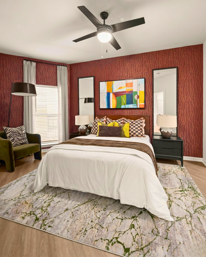 Feizy Pryor Rug 39NEF Green Multi abstract rug in contemporary bedroom
