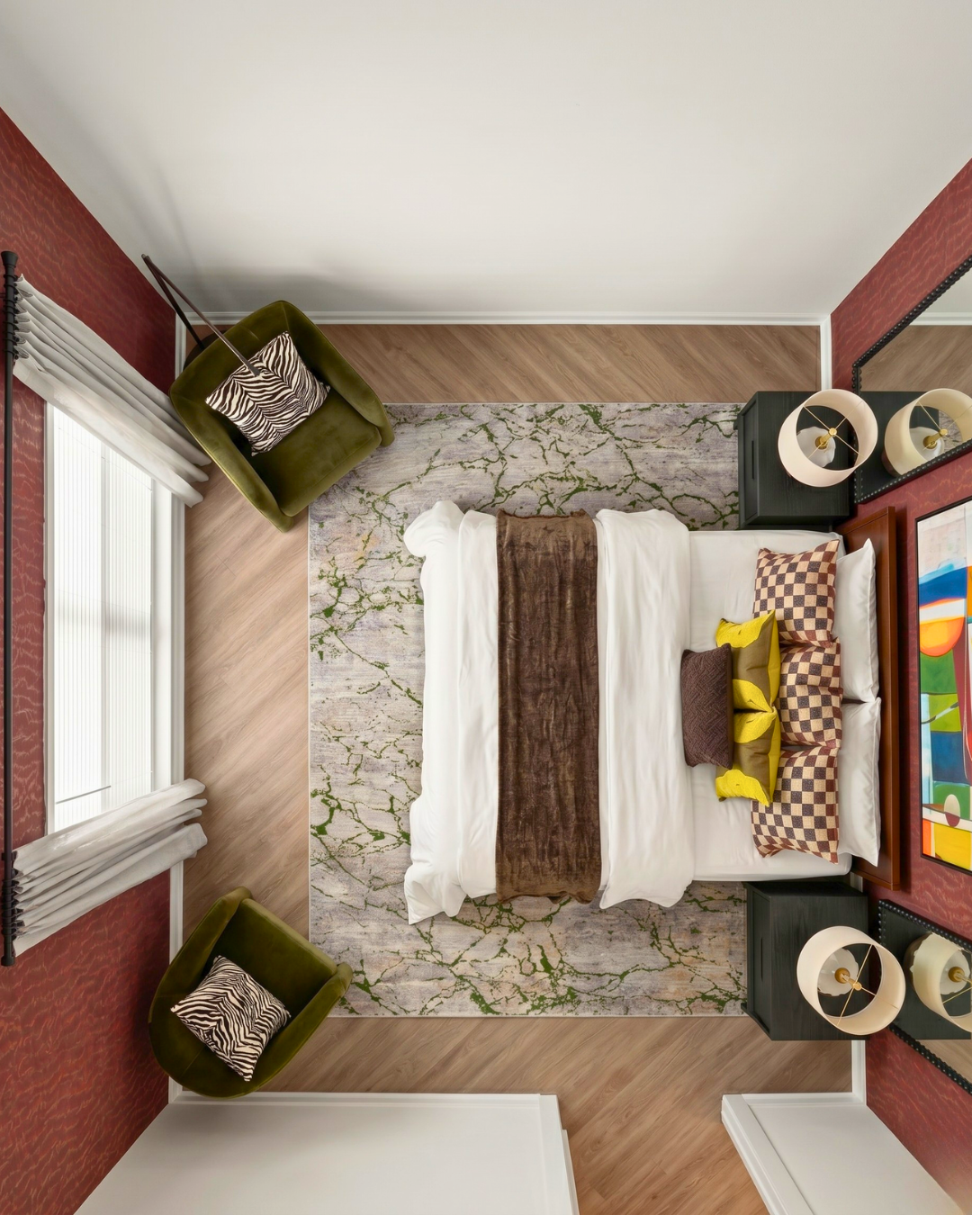 Feizy Pryor Rug 39NEF Green Multi abstract rug overhead bedroom view