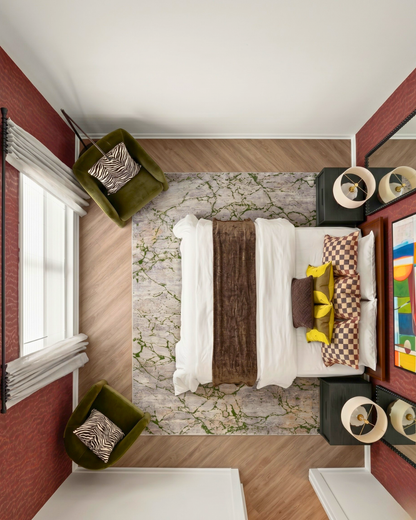 Feizy Pryor Rug 39NEF Green Multi abstract rug overhead bedroom view
