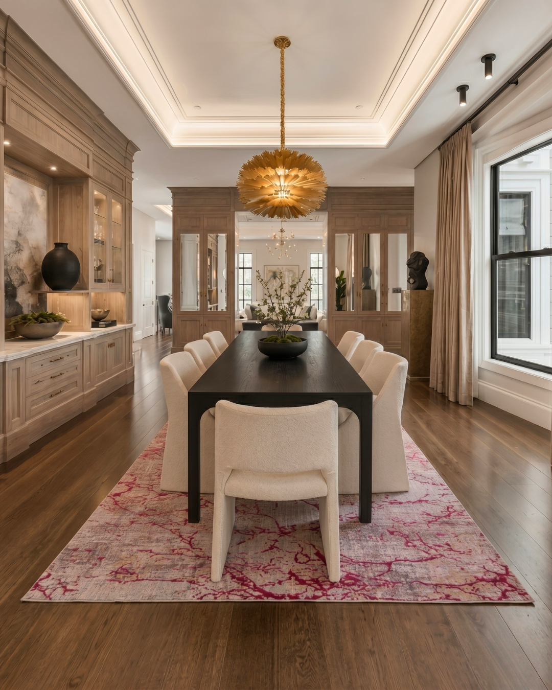 Feizy Pryor Rug 39NEF Pink Multi abstract rug in elegant dining room