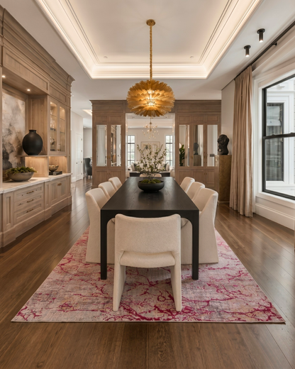 Feizy Pryor Rug 39NEF Pink Multi abstract rug in elegant dining room